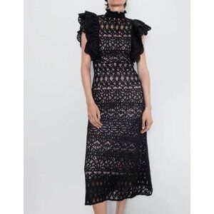SO DAMN SEXY! NWT Zara Black Lace Midi Dress with Ruffle Shoulders